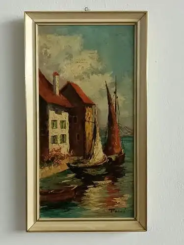 H273-Landschaftsbild-Öl auf Leinen-Gemälde-Bild-Segelboote am Meer-gerahmt-