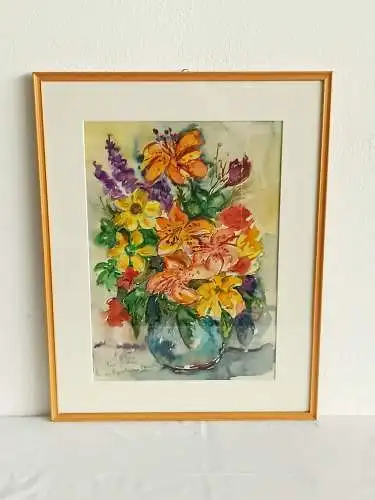 H274-Stillleben-Gemälde-Bild-Aquarell-Blumen in der Vase-gerahmt-Passepartout-