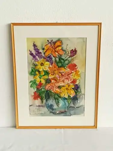 H274-Stillleben-Gemälde-Bild-Aquarell-Blumen in der Vase-gerahmt-Passepartout-