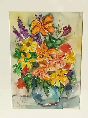 H274-Stillleben-Gemälde-Bild-Aquarell-Blumen in der Vase-gerahmt-Passepartout-