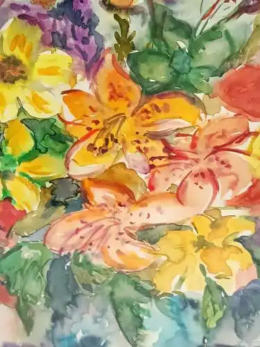 H274-Stillleben-Gemälde-Bild-Aquarell-Blumen in der Vase-gerahmt-Passepartout-