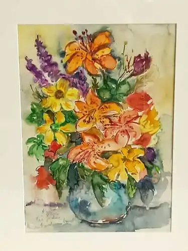 H274-Stillleben-Gemälde-Bild-Aquarell-Blumen in der Vase-gerahmt-Passepartout-