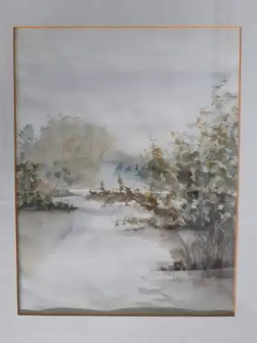 H283-Landschaftsbild-Gemälde-Bild-Aquarell-Passepartout-gerahmt-signiert-datiert