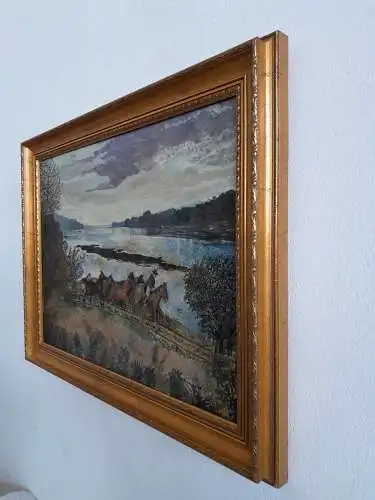 H317-Landschaftsbild-Öl auf Leinen-Gemälde-Bild-Der Pferdehändler-gerahmt-