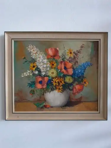 H308-Gemälde-Öl auf Leinen-Bild-Stillleben-Blumen in der Vase-gerahmt-