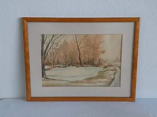 H397-Landschaftsbild-Gemälde-Bild-Aquarell-Passepartout-gerahmt