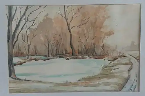 H397-Landschaftsbild-Gemälde-Bild-Aquarell-Passepartout-gerahmt