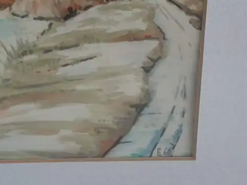 H397-Landschaftsbild-Gemälde-Bild-Aquarell-Passepartout-gerahmt