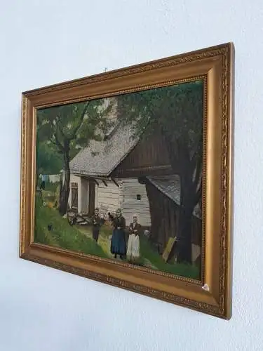 H369-Ölgemälde-Landschaftsbild-Gemälde-Bild-Bauernfamilie-Öl auf Leinen-