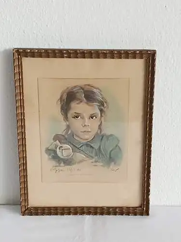 H180-Portrait-Gemälde-Bild-signiert-gerahmt-Kinderportrait hinter Glas-Mischtech