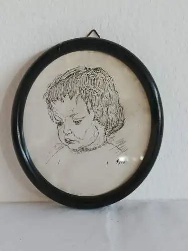 H149-Portrait hinter Glas-Kinderportrait-Gemälde-Radierung-gerahmt-Kinderkopf-Bi