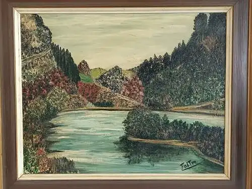 H150-Ölgemälde-Landschaftsbild-Bergsee-signiert-Öl auf Leinen-Bild-Gemälde-Ölbil