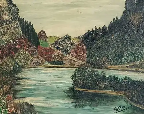 H150-Ölgemälde-Landschaftsbild-Bergsee-signiert-Öl auf Leinen-Bild-Gemälde-Ölbil