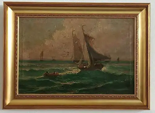 H170-Ölgemälde-Bild-Segelboote am Meer-Ölbild-Landschaftsbild-Gemälde-gerahmt