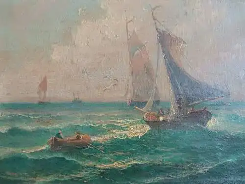 H170-Ölgemälde-Bild-Segelboote am Meer-Ölbild-Landschaftsbild-Gemälde-gerahmt