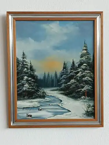 H124-Winterlandschaft-Ölgemälde-Bild-Landdschaftsgemälde-Ölbild-gerahmt-Gemälde