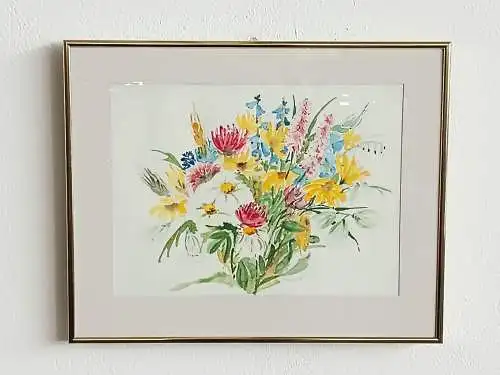 H120-Aquarell hinter Glas-Gemälde-Stillleben-Bild-Blumenstrauß-Aquarell-gerahmt