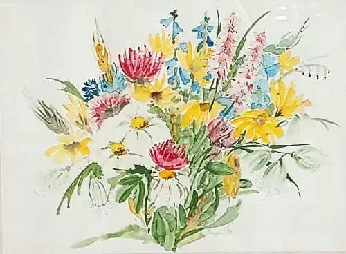 H120-Aquarell hinter Glas-Gemälde-Stillleben-Bild-Blumenstrauß-Aquarell-gerahmt