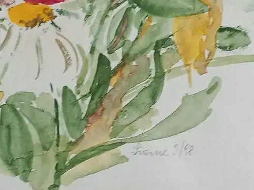 H120-Aquarell hinter Glas-Gemälde-Stillleben-Bild-Blumenstrauß-Aquarell-gerahmt