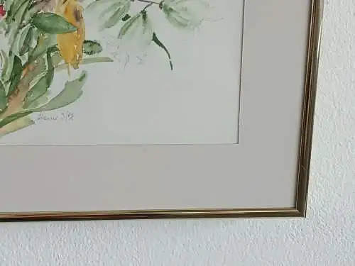 H120-Aquarell hinter Glas-Gemälde-Stillleben-Bild-Blumenstrauß-Aquarell-gerahmt