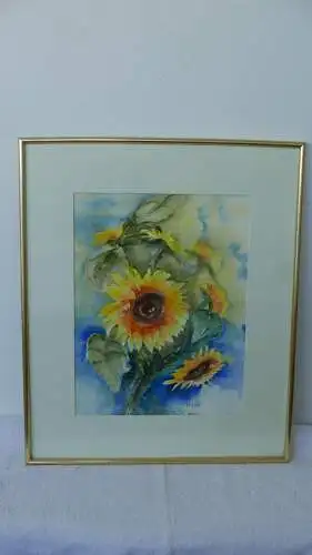 H74-Aquarell-Bild-Gemälde-Sonnenblume-gerahmt