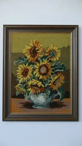 H78-Gobelin-Sonnenblume-Vase-Gemälde-Bild-gerahmt