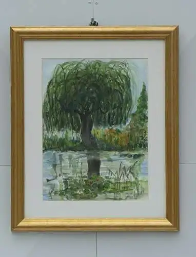 6039D-Aquarell-Bild-Gemälde-Baum am See-signiert-M.Riedel-Aquarellbild-gerahmt-h