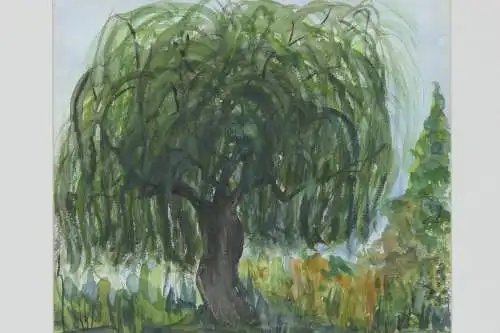 6039D-Aquarell-Bild-Gemälde-Baum am See-signiert-M.Riedel-Aquarellbild-gerahmt-h