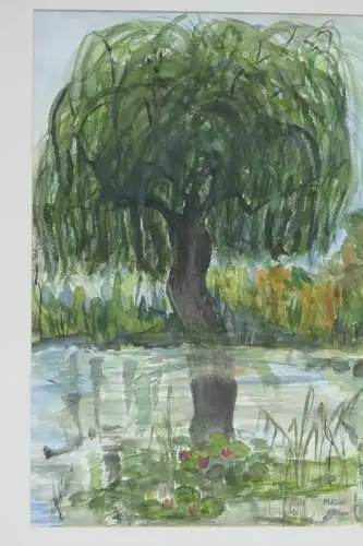 6039D-Aquarell-Bild-Gemälde-Baum am See-signiert-M.Riedel-Aquarellbild-gerahmt-h