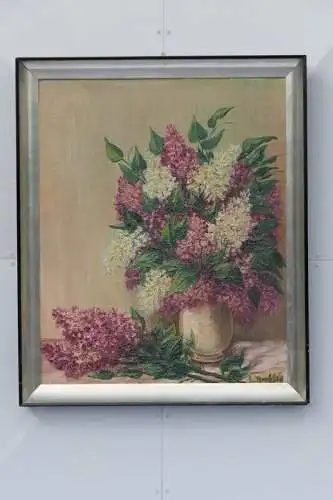 3837D-Stillleben-Gemälde-Bild-Öl auf Holz-signiert-Flieder in Vase