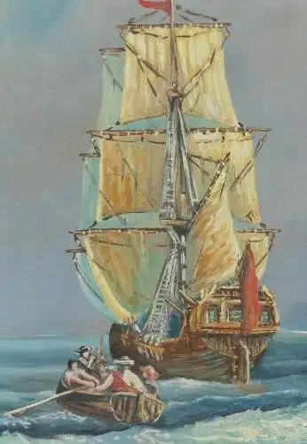 6009-Ölgemälde-Prunkrahmen-Segelschiff-gerahmt-Bild-Gemälde-Öl auf Holz-Ölbild-