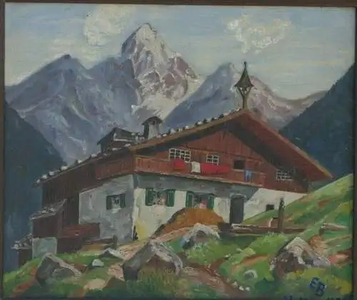 6020-Ölgemälde-datiert 1953-Gemälde-Bild-Bergbauernhof-Öl auf Holz-gerahmt-signi