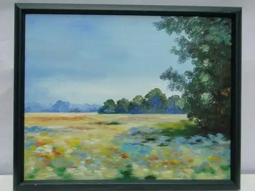 4052D/T67-Ölgemälde auf Leinen-Landschaft-eine Wiese am Waldrand-Imressionismus