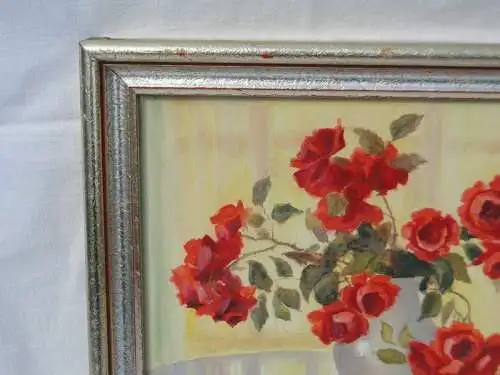 5705D-Aquarell- Bild auf Karton- rote Blumen in Vase - hinter Glas- Aquarellbild