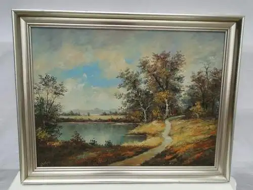 4033D/T61- Ölgemälde auf Holz - Herbstlandschaft mit See - Landschaft-signiert