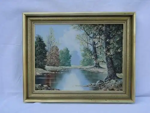 5804D-Bild-Ölgemälde-schönes Landschaftsölgemälde-"Waldsee im Herbst"-gerahmt-Bi