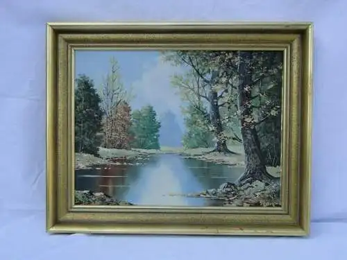 5804D-Bild-Ölgemälde-schönes Landschaftsölgemälde-"Waldsee im Herbst"-gerahmt-Bi