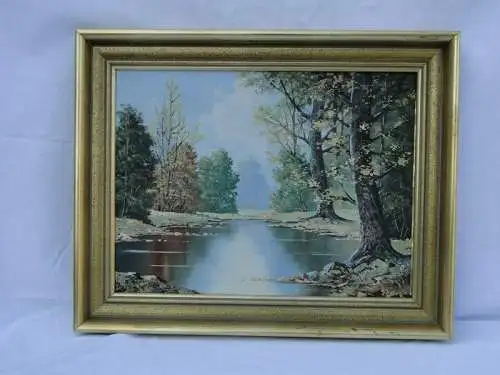 5804D-Bild-Ölgemälde-schönes Landschaftsölgemälde-"Waldsee im Herbst"-gerahmt-Bi