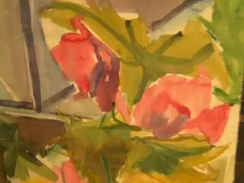 3026/T3- Aquarell-Blumen auf einem Balkon-Pflanzen-Wasserfarben--Stillleben