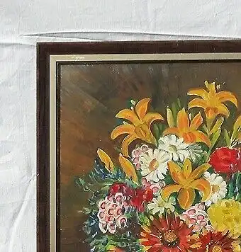 5725D-Bild - Öl auf Holz - Stillleben - Vase mit bunten Sommerblumenstrauß