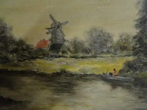 3949D-Ölbild auf Leinen-Flusslandschaft mit 2 Windmühlen-Sign. J.Gersh-1963