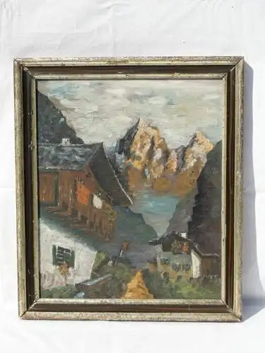 5715D-Landschaft-Bergdorf Tirol-Öl auf Holz-Berglandschaft