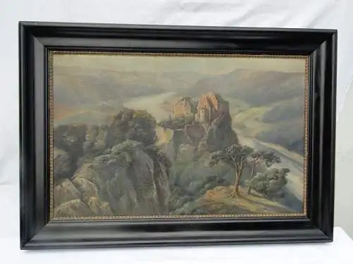 3957D-Ölgemälde auf Leinen-Landschaft-Burg am See-signiert-R. Kolbe-Gemälde-Bild