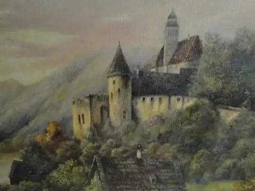 3957D-Ölgemälde auf Leinen-Landschaft-Burg am See-signiert-R. Kolbe-Gemälde-Bild