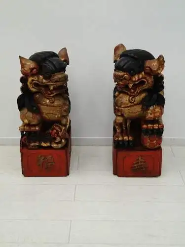 2524D-Holzfigur-Torwächter-Statue-Skulptur-asiatisch-Päarchen-chinesisch-