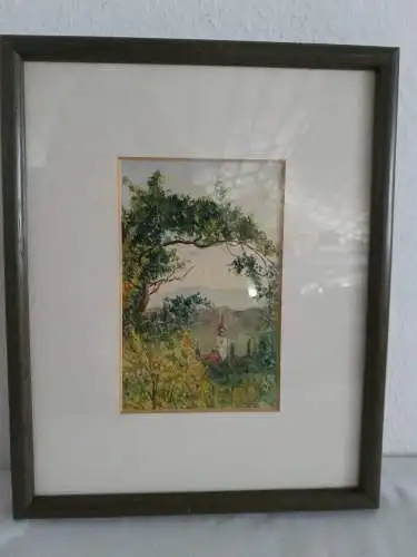 H836-Landschaftsbild-Aquarell-Passepartout-gerahmt-Gemälde-Bild-hinter Glas-