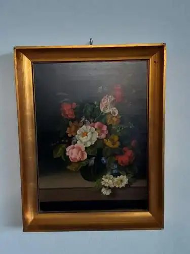 H824-Stillleben-Blumenbild-Öl auf Holz-Blumen in der Vase-signiert-gerahmt-Bild