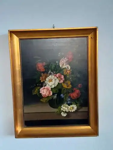 H824-Stillleben-Blumenbild-Öl auf Holz-Blumen in der Vase-signiert-gerahmt-Bild