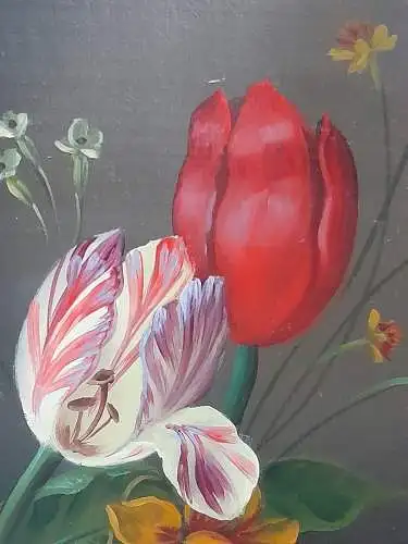 H824-Stillleben-Blumenbild-Öl auf Holz-Blumen in der Vase-signiert-gerahmt-Bild