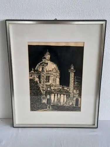 H387-Tuschezeichnung hinter Glas-Gemälde-Bild-Karlskirche in Wien-Tusche-